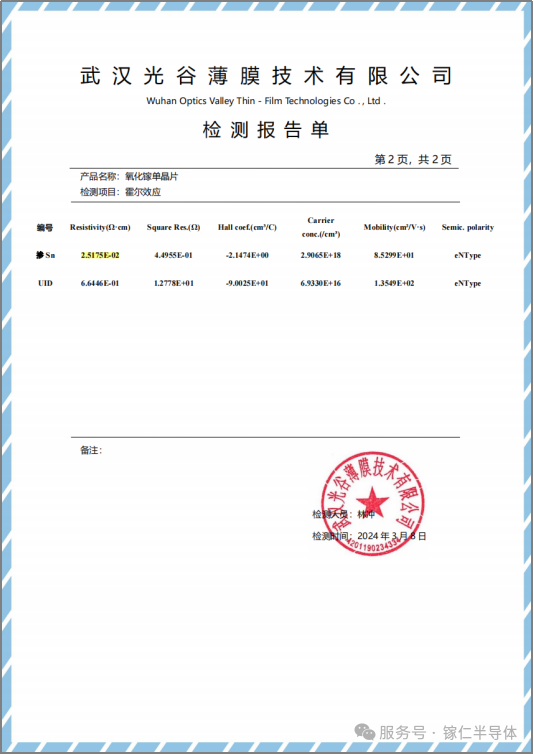 為鎵仁半導(dǎo)體氧化鎵單晶襯底出具的檢測報(bào)告